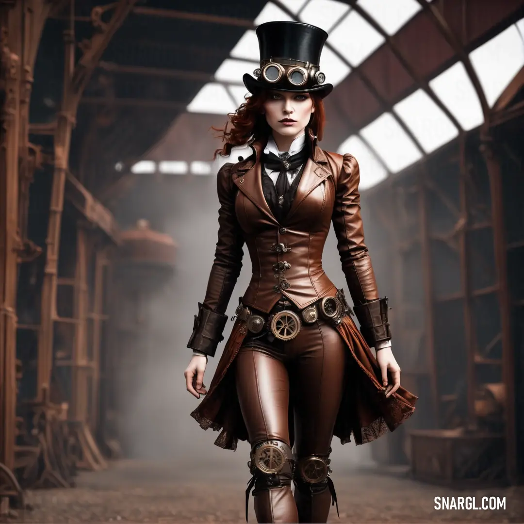 Woman in a steam punk outfit and top hat walking down a street in a warehouse area