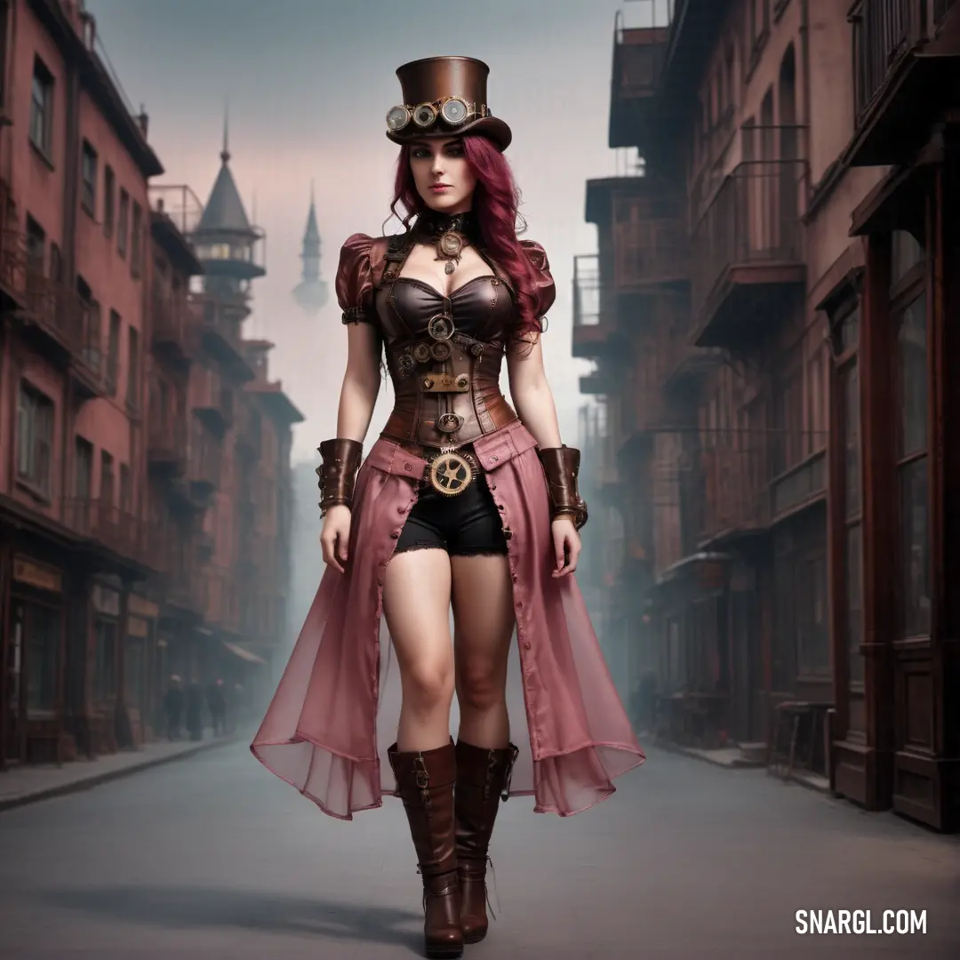 Woman in a steam punk outfit and top hat walking down a street in a city with tall buildings
