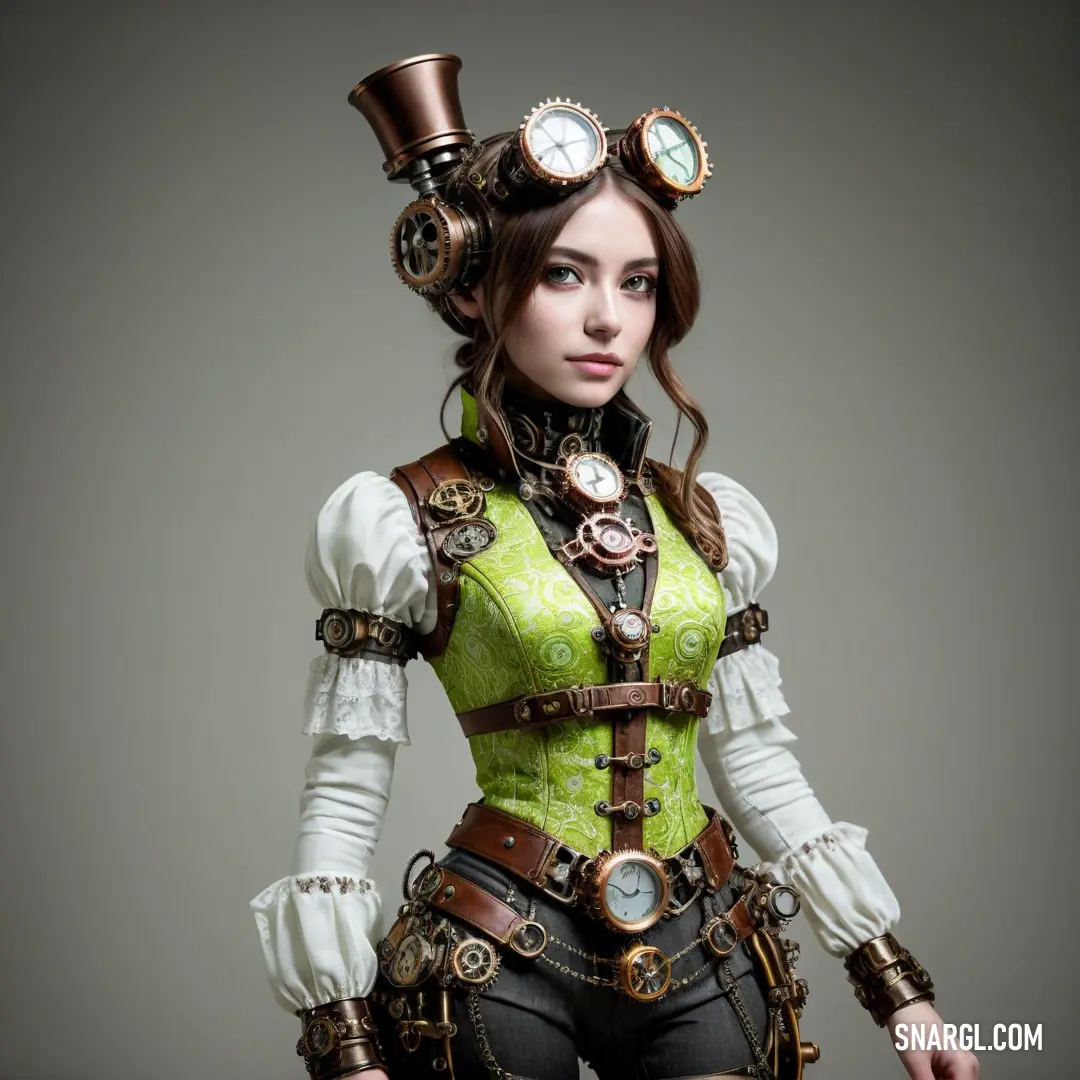 Woman in a steam punk outfit with a clock on her head