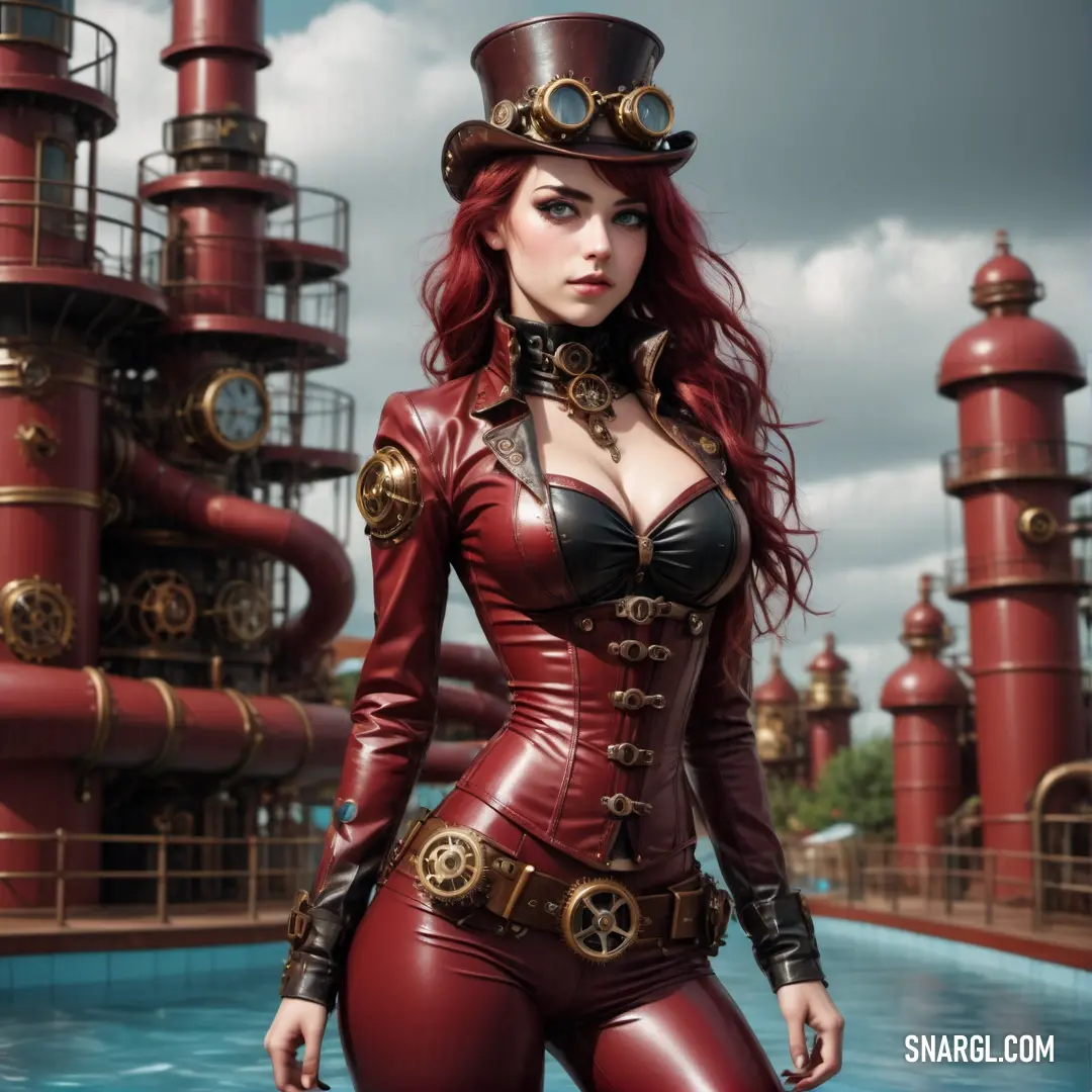 Woman in a steam punk outfit standing in front of a pool of water with steampunks