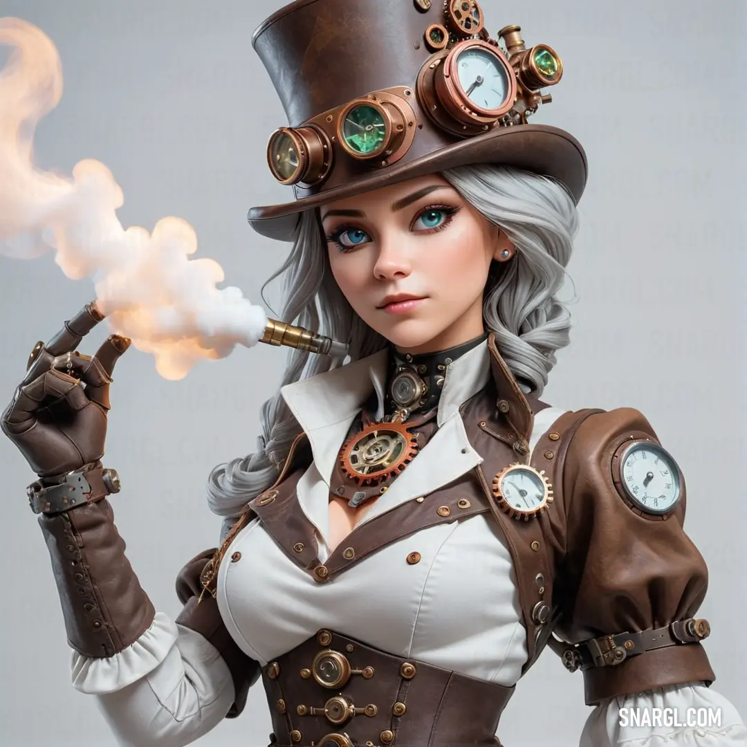 Woman in a steampunk outfit holding a pipe and a clock on her head