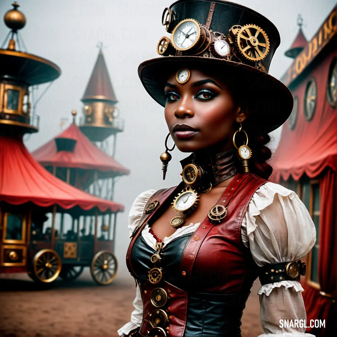 Woman in a steampunk outfit and hat with clocks on her head