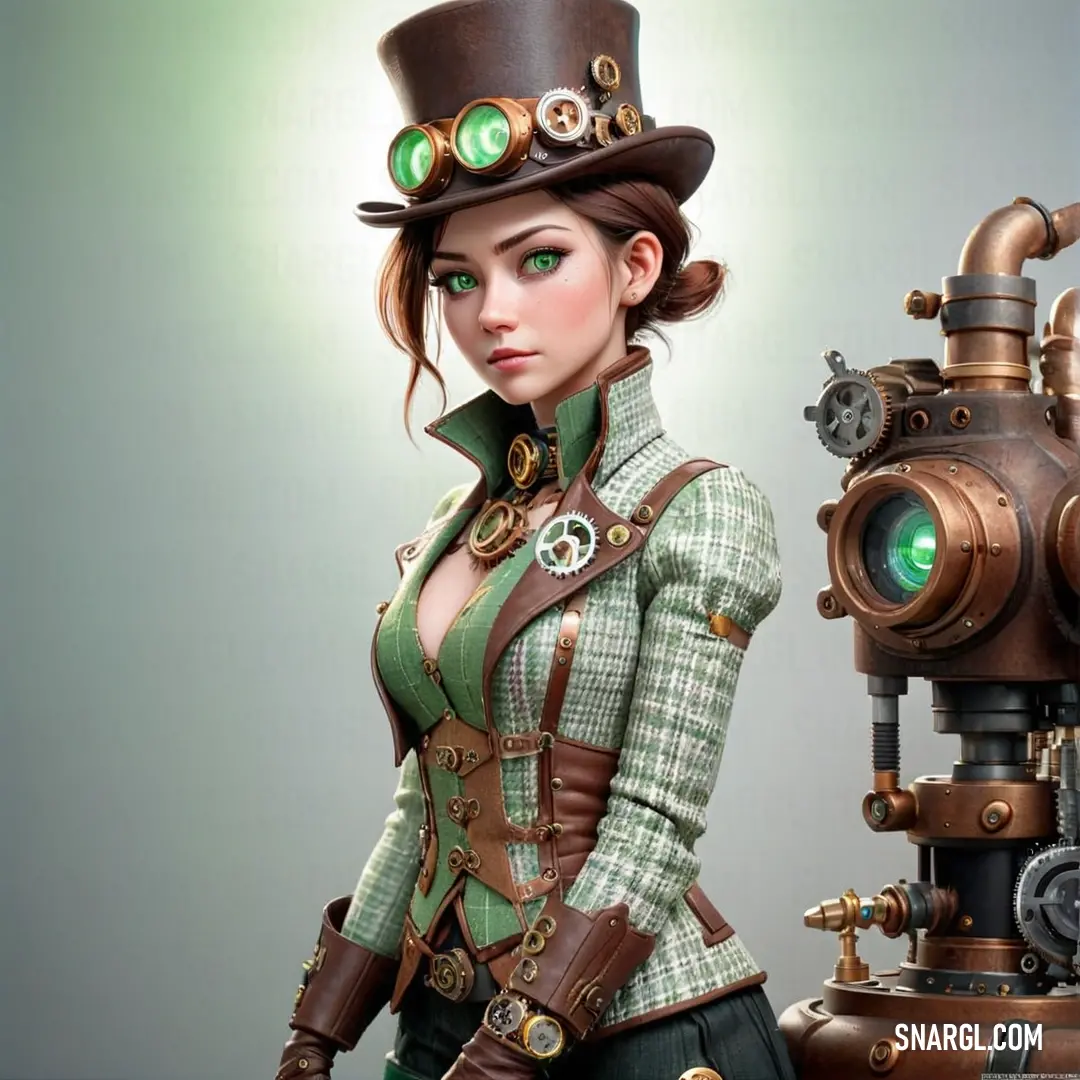 Woman in a steampunk outfit and a steampunk hat with a camera on her shoulder