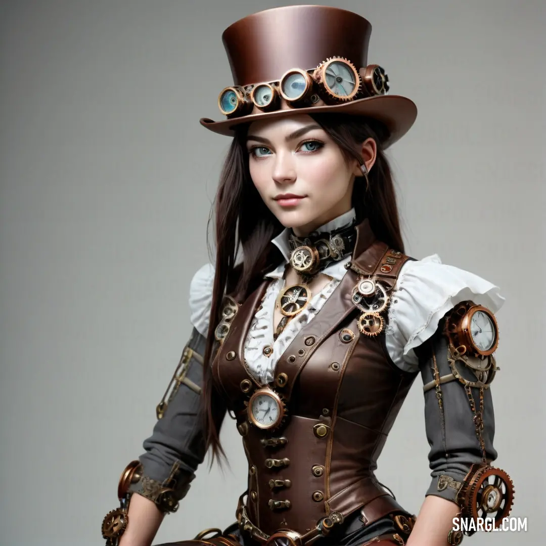 Woman in a steampunk outfit with a top hat and steampunk gloves and a clock