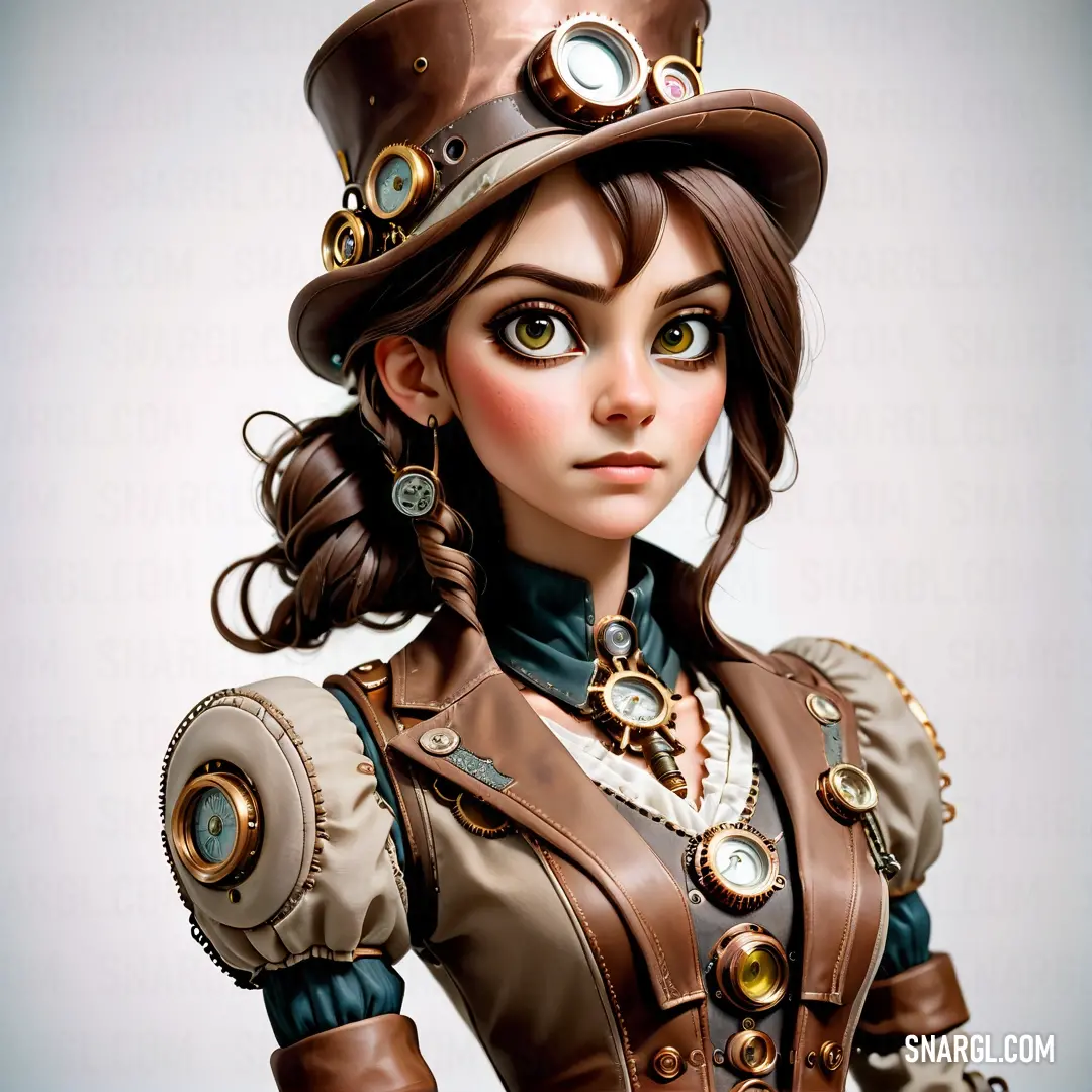 Woman in a steampunk outfit with a hat and a necklace on her neck