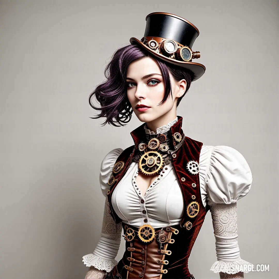 Woman in a steampunk outfit with a top hat and gloves on her head