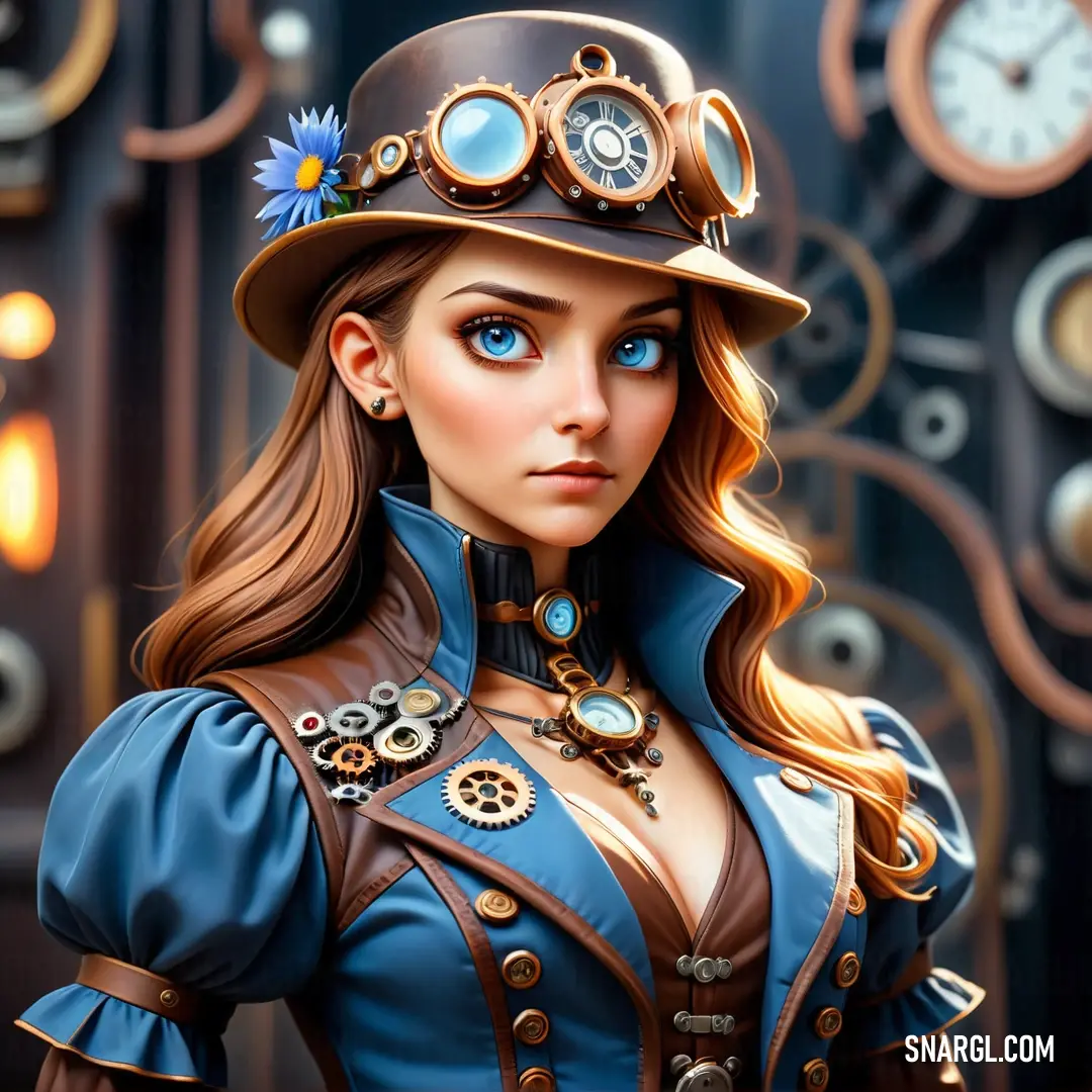 Woman in a steampunk outfit with a clock on her head