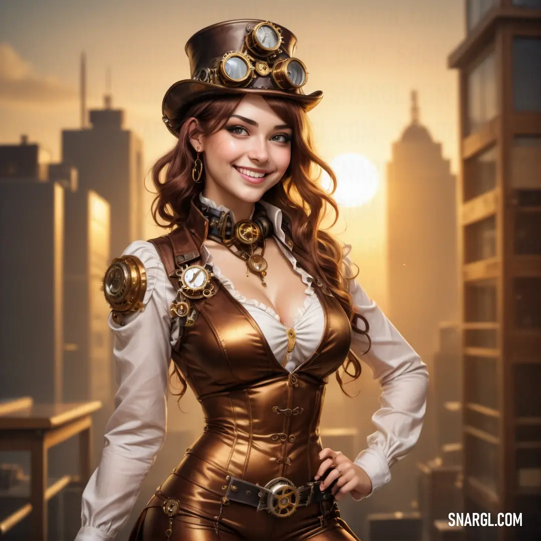 Woman in a steampunk outfit posing for a picture in a city setting with a sun in the background