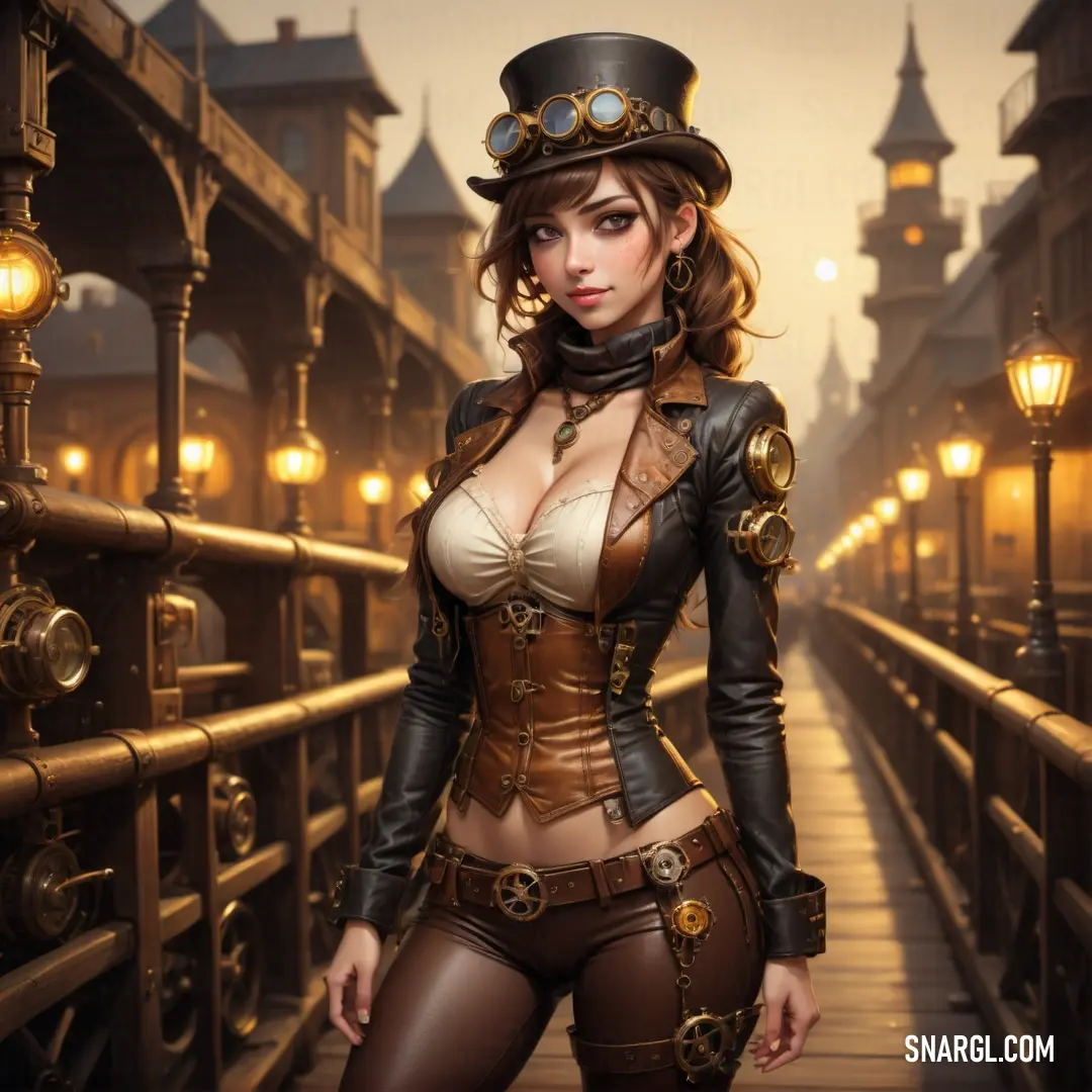 Woman in a steampunk outfit standing on a bridge at night with a lamp post in the background