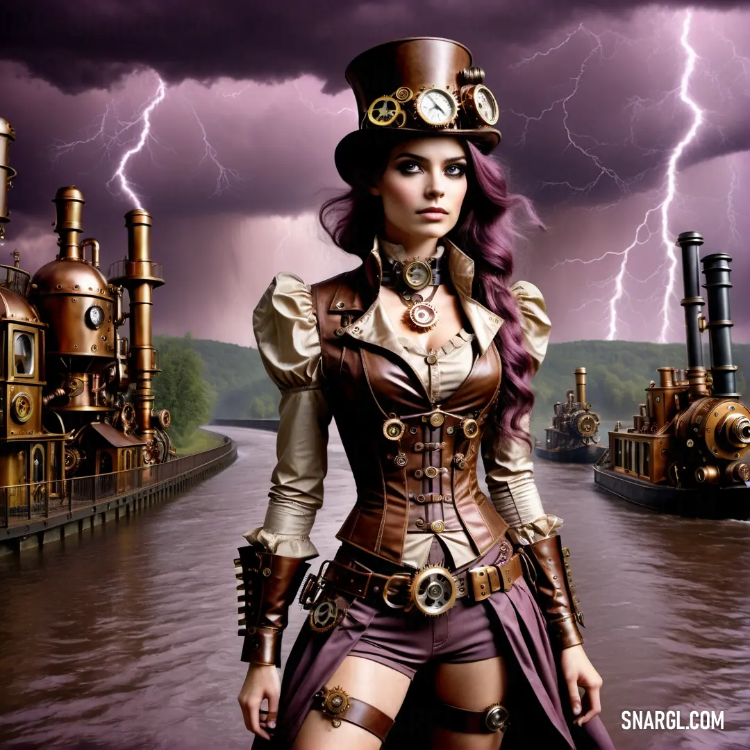 Woman in a steampunk outfit standing in front of a river with a lightning in the background