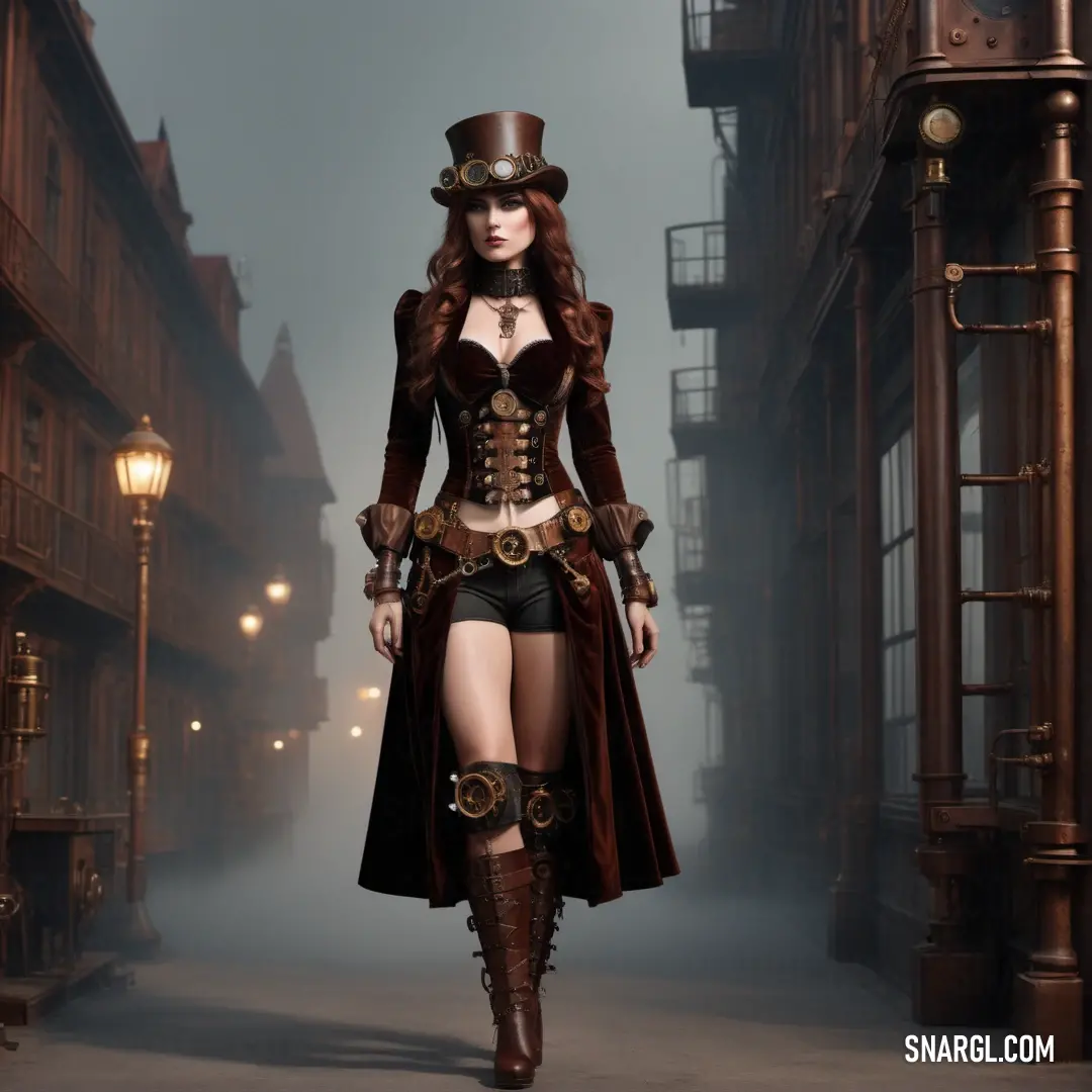 Woman in a steampunk outfit walking down a street at night with a lamp post in the background