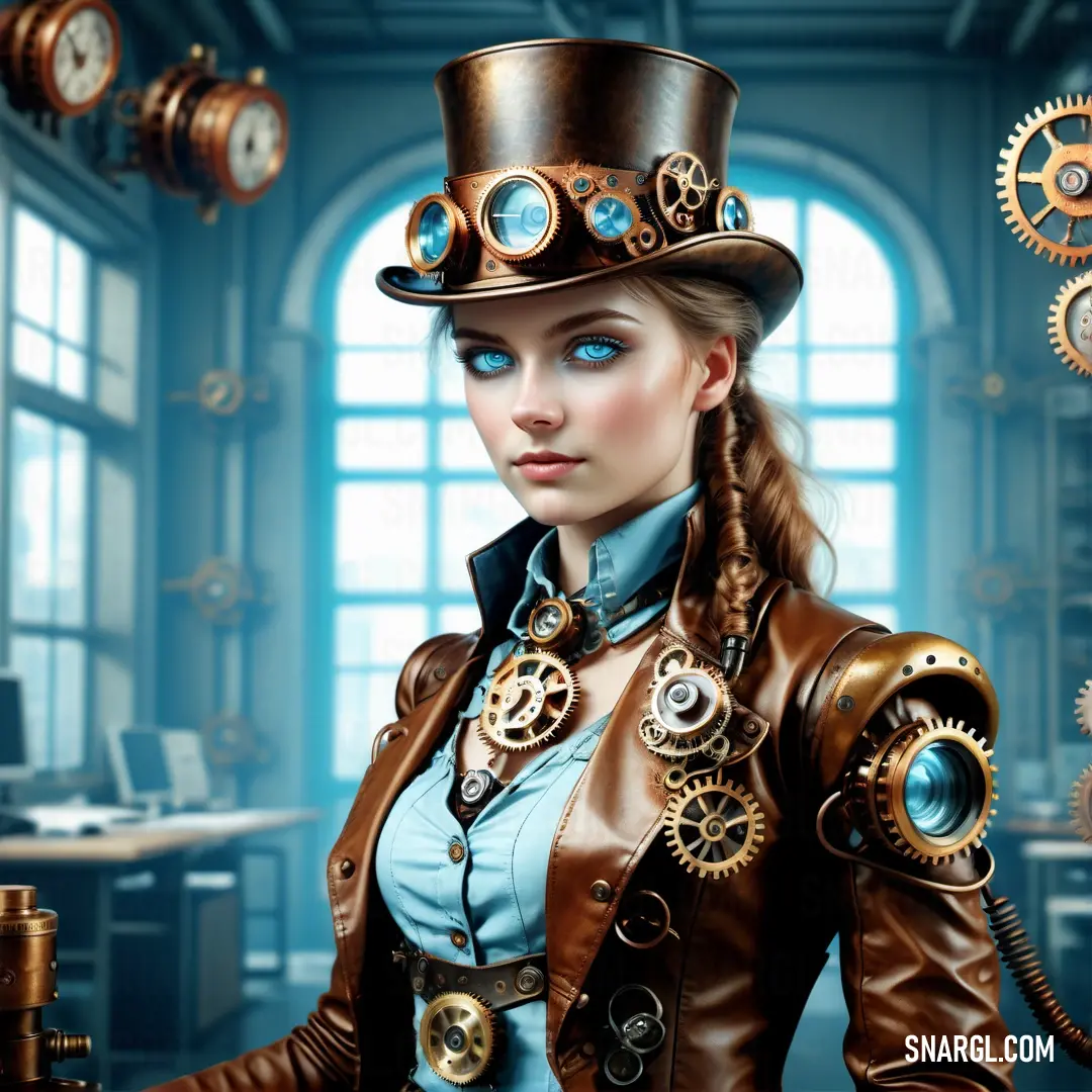 Woman in a steampunk outfit with a clock on her head