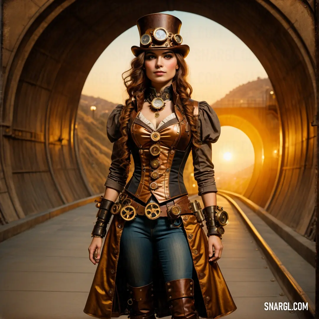 Woman in steam punk clothing standing in a tunnel with a steampunk hat and goggles on