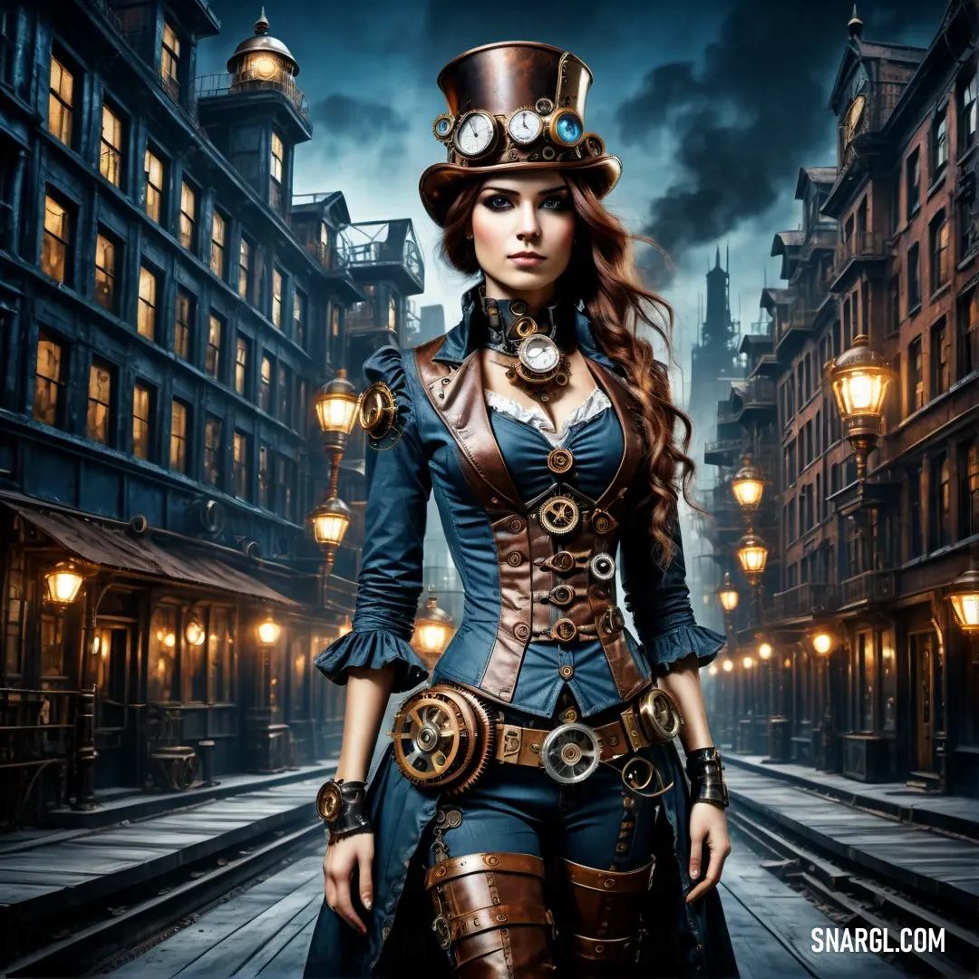 Woman in steam punk clothing standing in a street at night with a steampunk hat and gloves