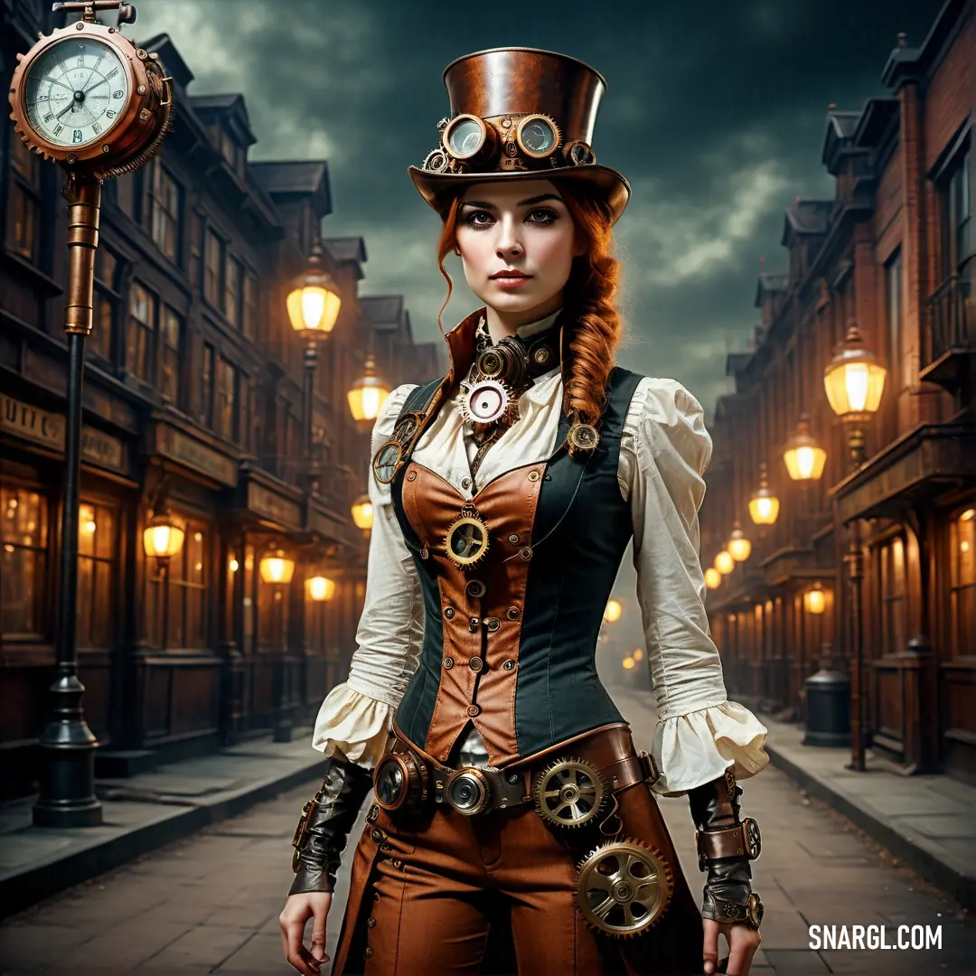 Woman in steampunk clothing standing in a street at night with a clock on the side of the street