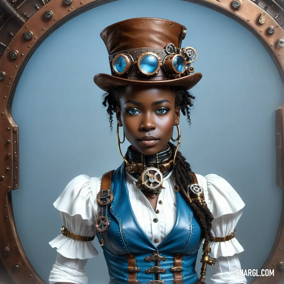 Woman wearing a hat and a blue dress with steampunks on it's chest