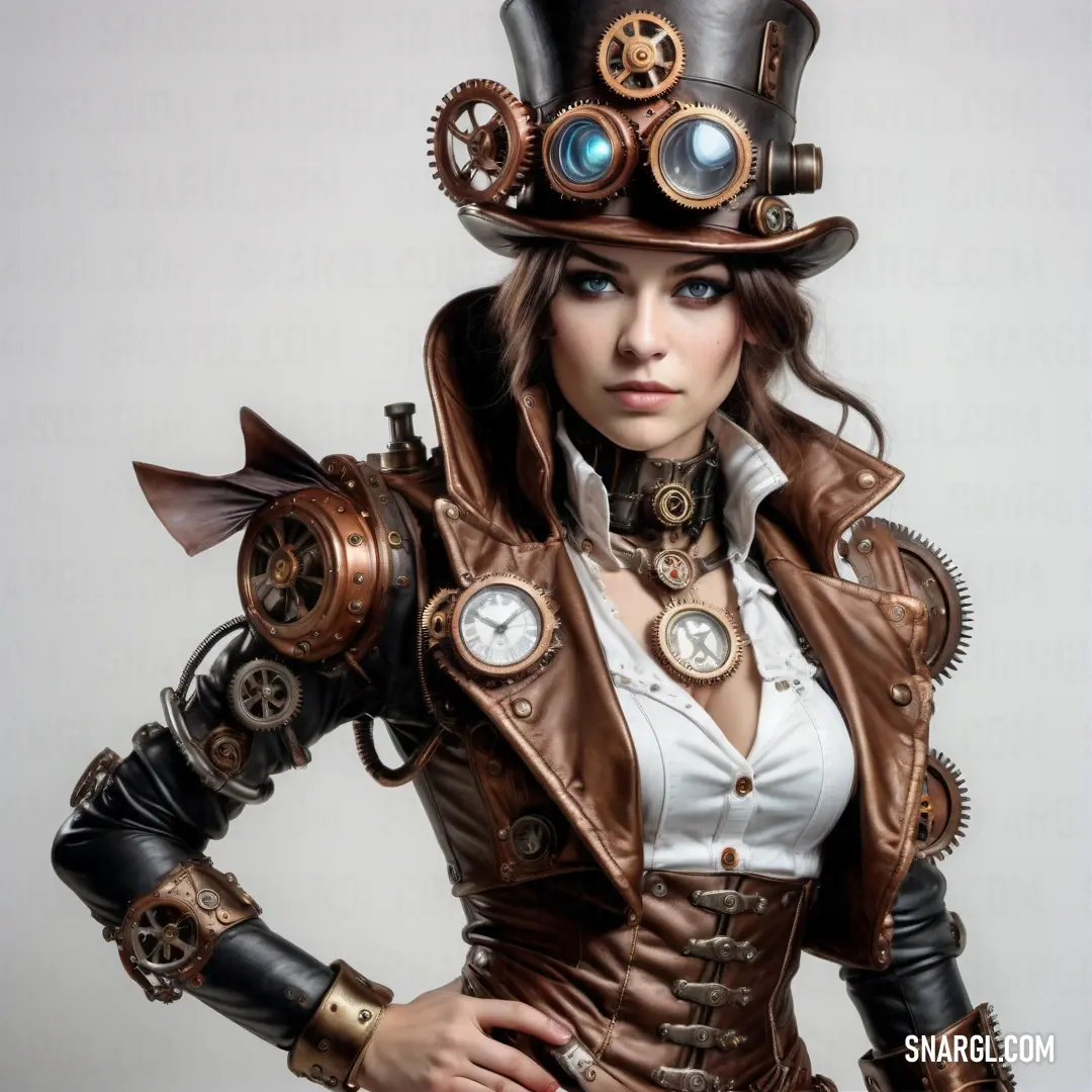 Woman wearing steampunk clothing and a top hat with gears on it's head