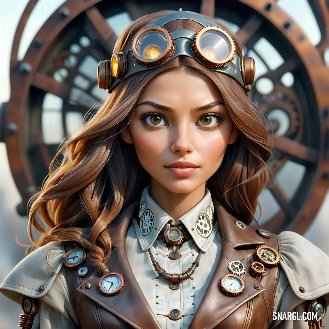 Woman with a steampunk hat and leather jacket on her head and a clock in the background