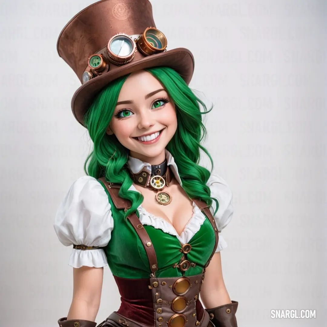 Woman with green hair wearing a green hat and green wig and green hair and a green wig