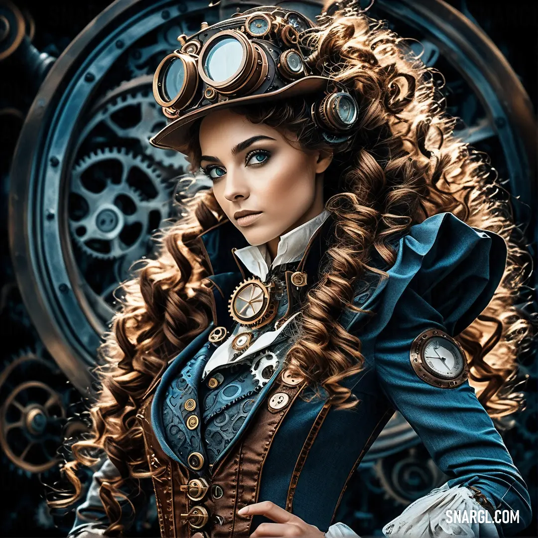 Woman with long hair wearing a steampunk outfit and a hat with goggles on her head