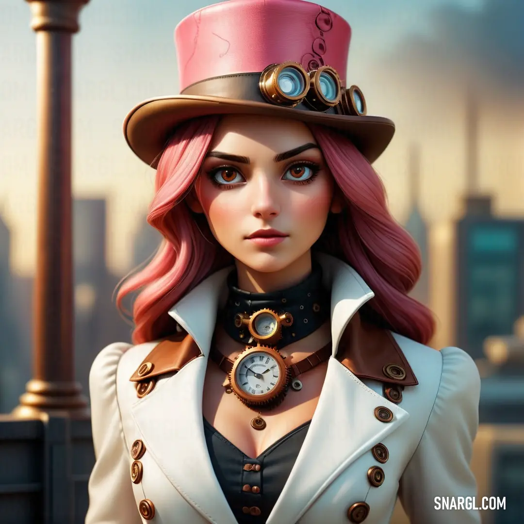 Woman with pink hair wearing a top hat and a clock necklace on her neck and a white jacket