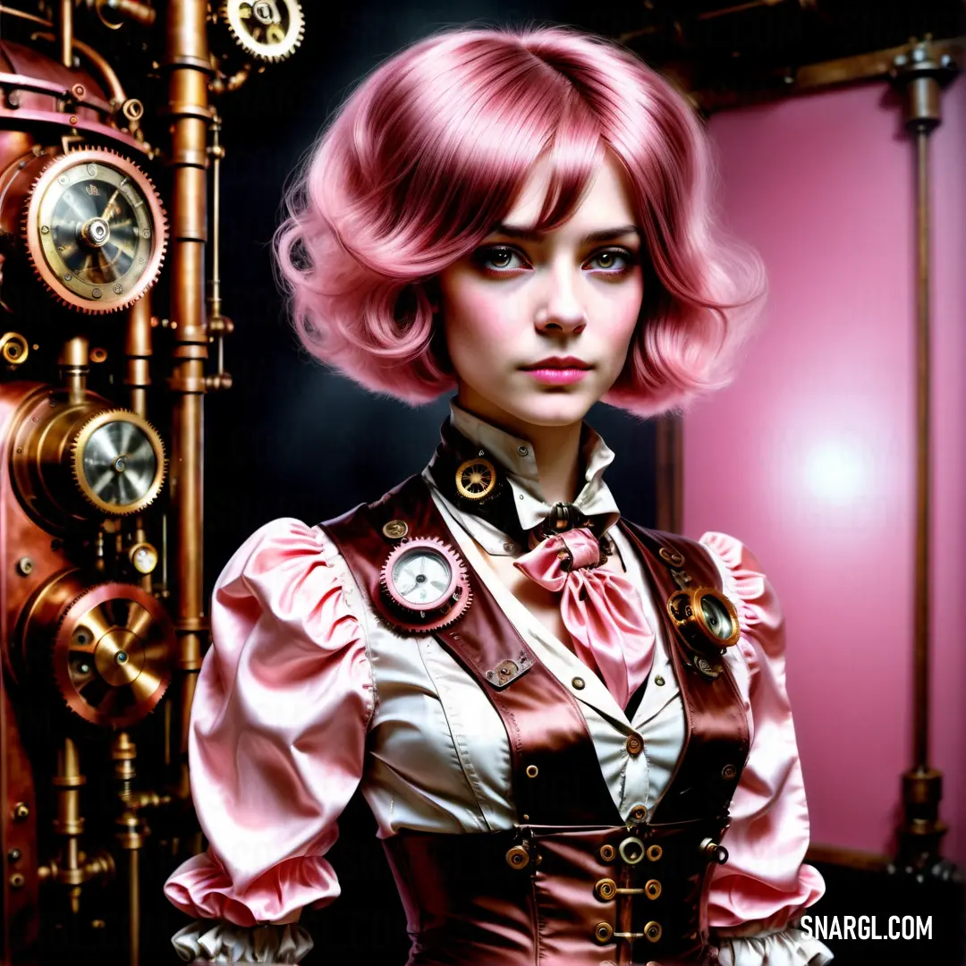 Woman with pink hair and a pink dress is standing in front of a clock tower