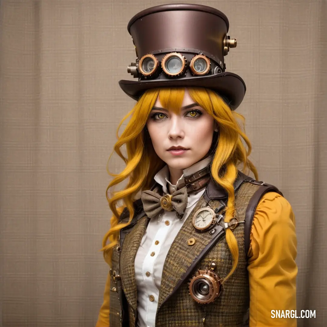 Woman with yellow hair wearing a top hat and a steampunk outfit with goggles and a watch