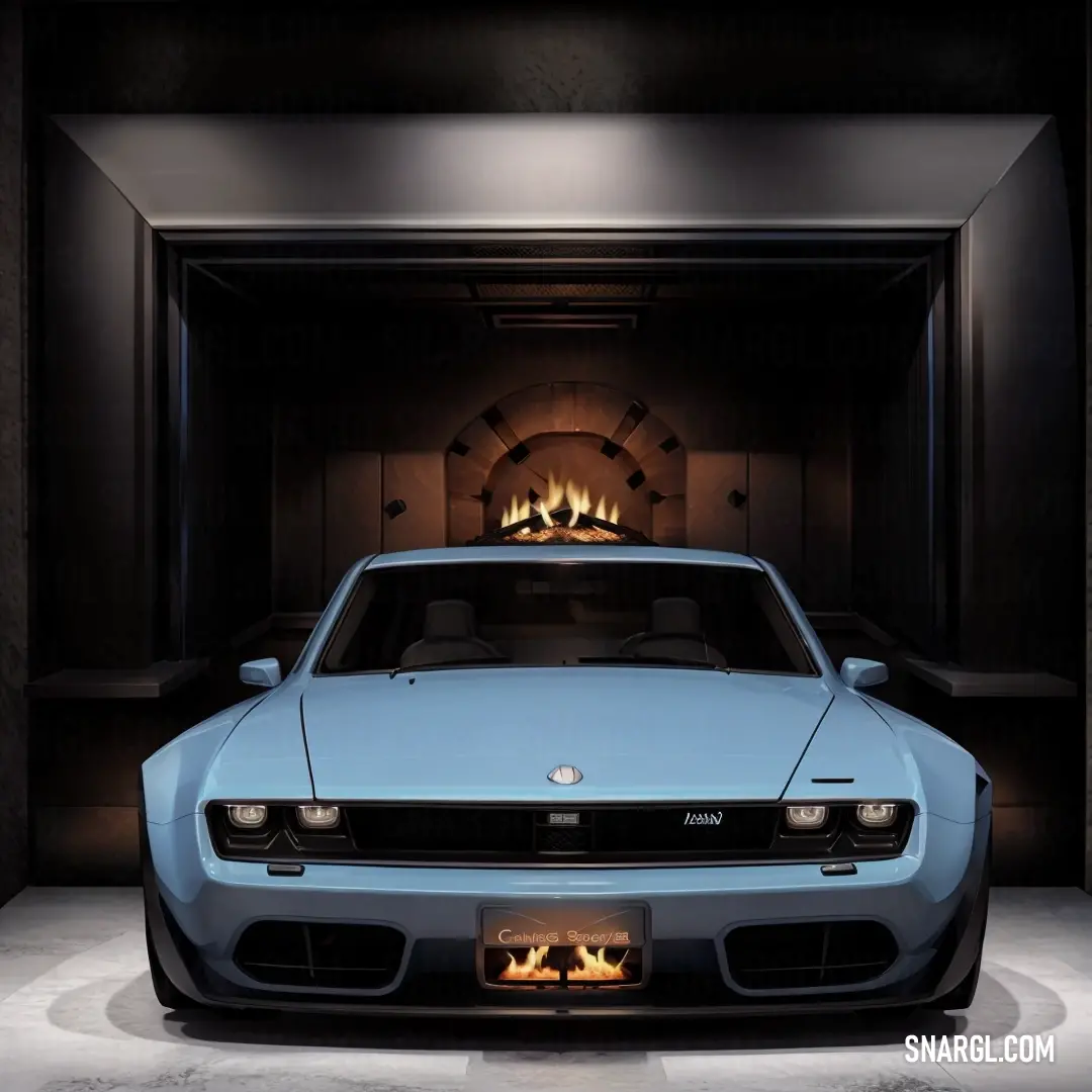 Steel blue color. Blue car is parked in a dark room with a fire place in the background