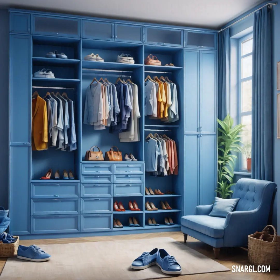 Blue closet with a blue chair and a blue chair in front of it. Color RGB 70,130,180.