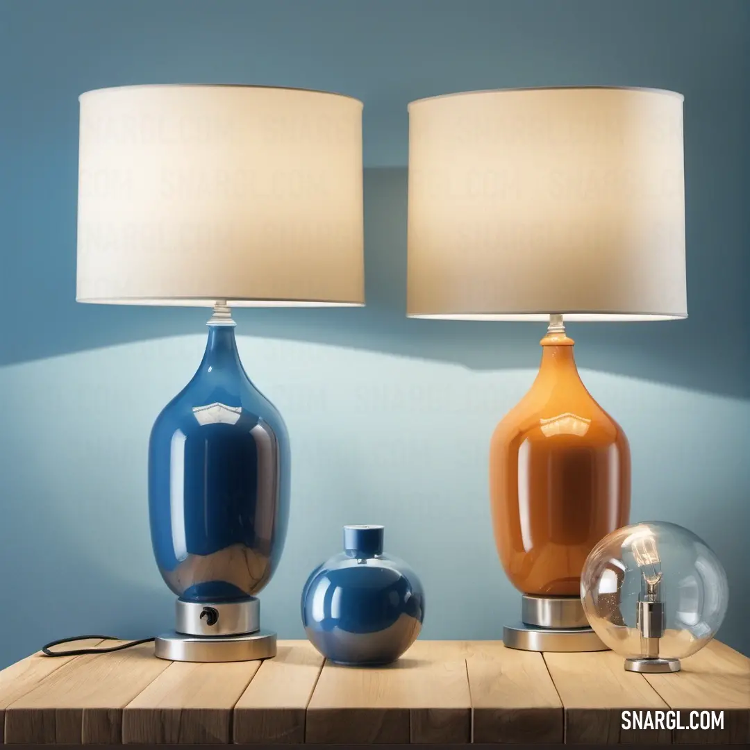 Couple of lamps on top of a wooden table next to a lamp shade on a wall behind them. Example of Steel blue color.