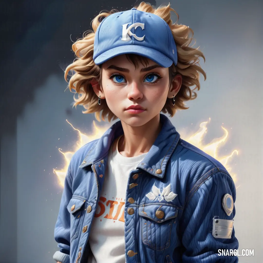 Steel blue color. Digital painting of a girl wearing a baseball cap and jacket with lightning behind her head