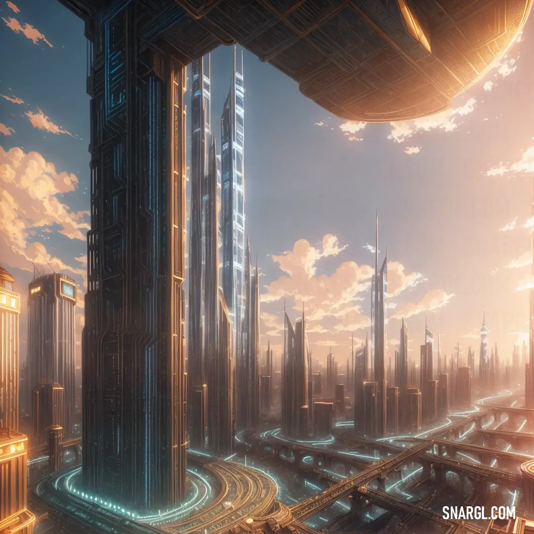 Futuristic city with a futuristic skyscraper and a futuristic bridge in the background