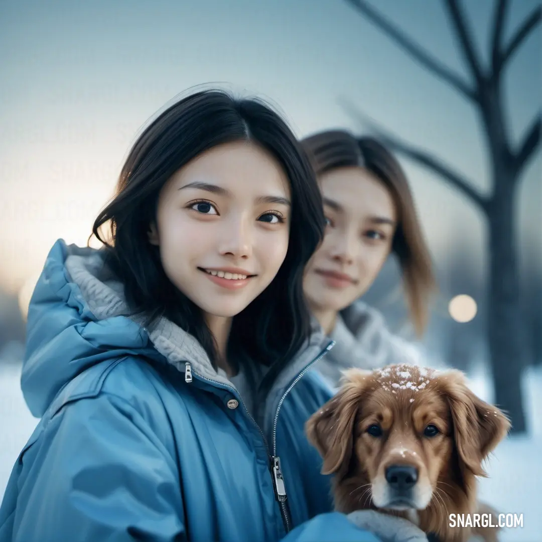 Two women and a dog are posing for a picture in the snow together, with a tree in the background. Example of #4682B4 color.