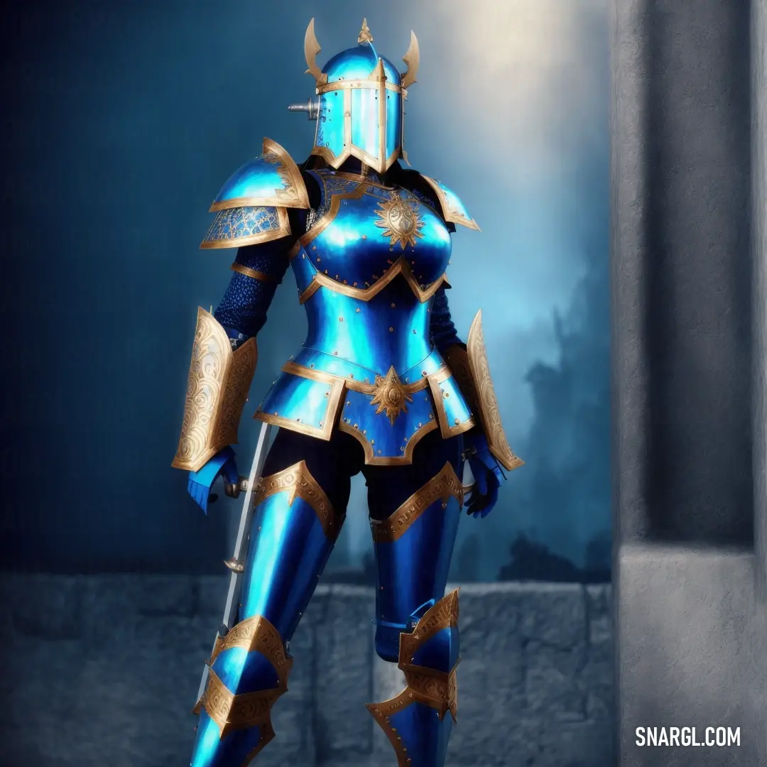 Woman in a blue and gold armor standing in a room with a blue wall