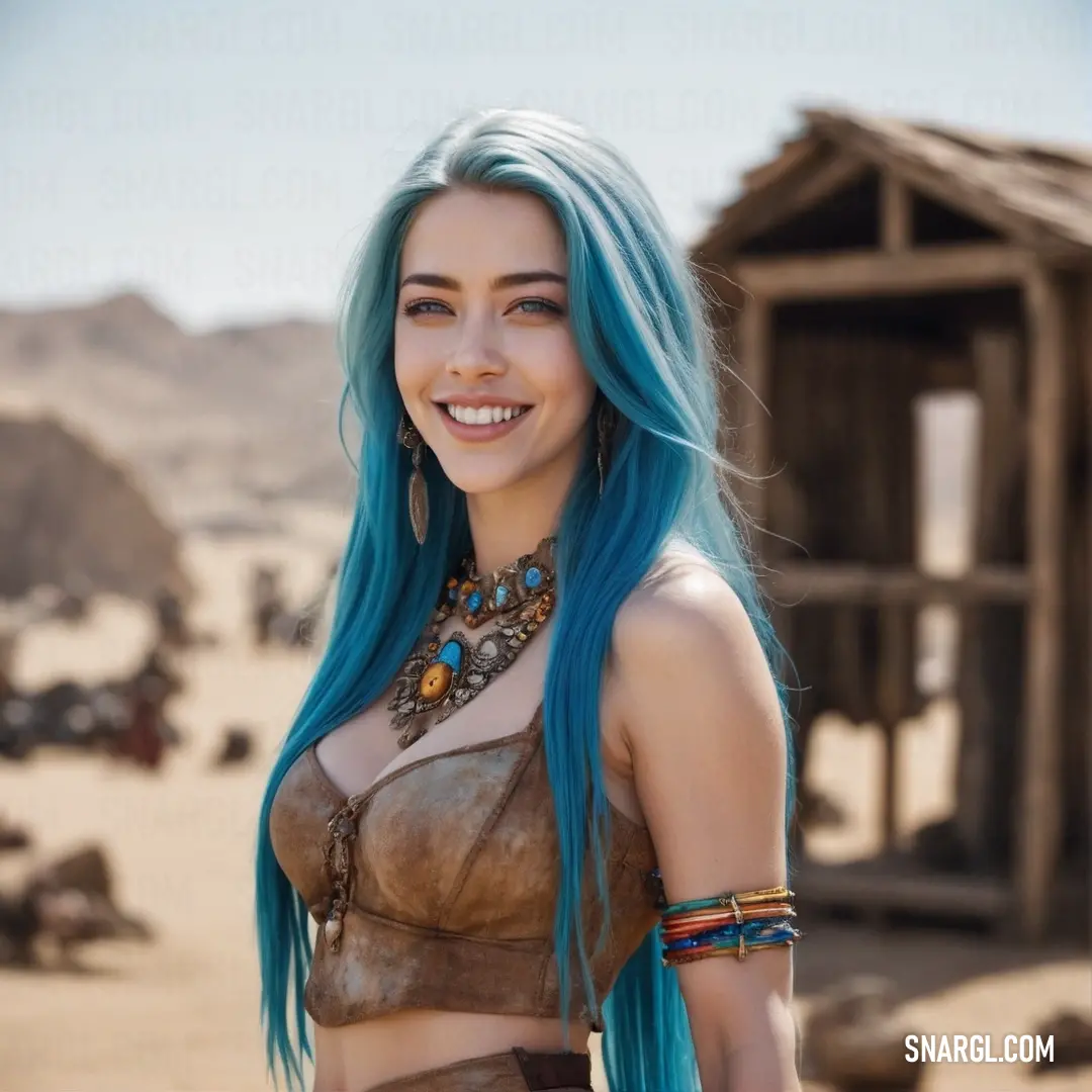 Woman with blue hair and a brown outfit in the desert with a wooden hut in the background. Example of RGB 70,130,180 color.