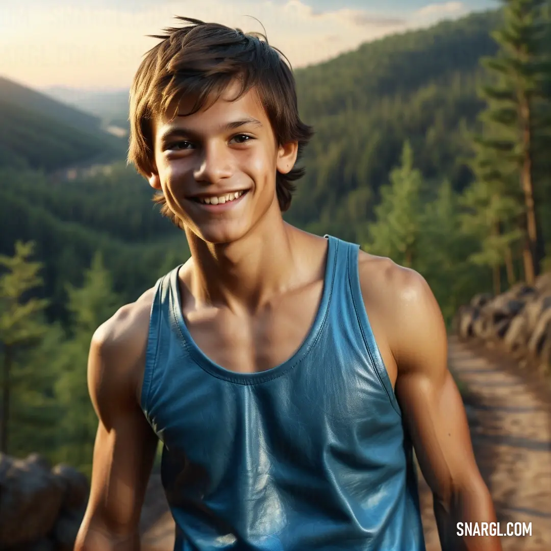 Young man is smiling in a blue shirt and trees in the background. Color RGB 70,130,180.