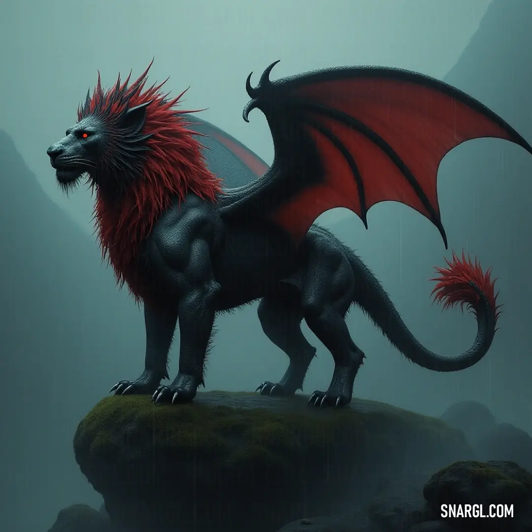 A striking black and red Steelclaw Manticore statue in the rain, with a fiery red tail and a fierce, mythical aura. A dramatic and striking black and red Steelclaw Manticore statue stands on a rugged rock, drenched by rain. Its fierce red tail and menacing presence give the impression of a creature straight from a mythical legend, as the storm adds intensity to the sce