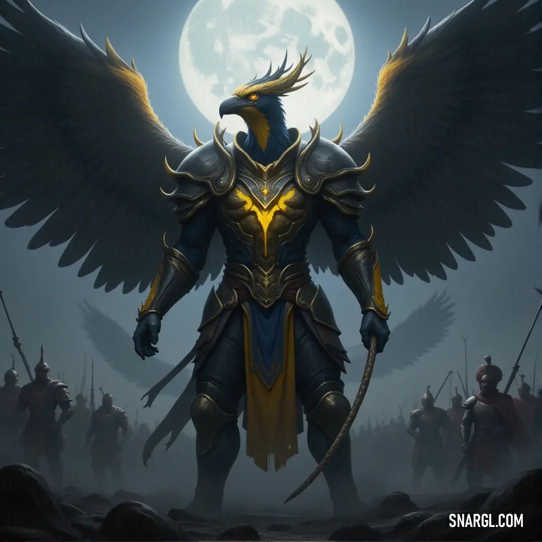 A painting of Steelwing Garuda, a warrior with a bird on his head and wings spanning across his body, radiating mystery and power. A stunning painting of Steelwing Garuda, a powerful figure with a bird on his head and majestic wings on his body. His presence commands attention, exuding strength and mystery.