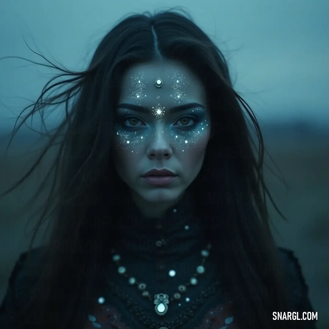 A Stellar Diviner adorned with intricate star patterns painted on her face and body stands poised in the mesmerizing background, conveying an enchanting blend of celestial beauty and magical allure beyond the ordinary.