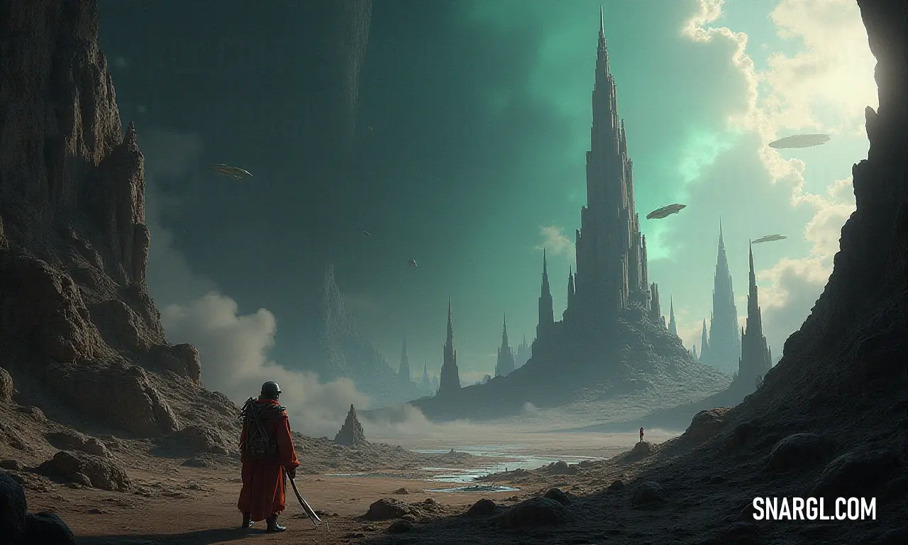 A solitary figure in a cave, armed and watchful, marvels at a distant castle against a backdrop of a limitless sky. In a dimly lit cave, a man stands with a sword in hand, gazing at a distant castle shrouded in mystery, the breathtaking backdrop of an expansive sky hinting at adventures yet to come.