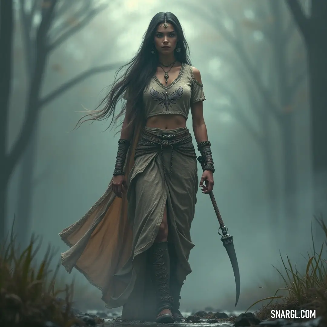 Formidable Stellar Mystic wielding a sword stands in a mystical forest, embodying strength, courage, and bravery in the unknown. A formidable Stellar Mystic wields a sword, adorned in a flowing dress, standing boldly in a mystical forest. Surrounded by ethereal fog and ancient trees, she embodies strength and courage, ready to face the unseen challenges of the woods.