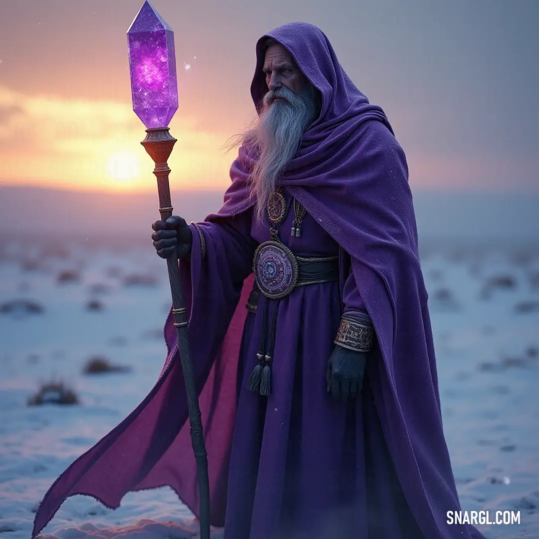 A powerful wizard stands in a serene snowy landscape, gracefully holding a flickering purple candle against the backdrop of a vibrant sunset, his deep purple robe flowing with the breeze that whispers secrets of magic.