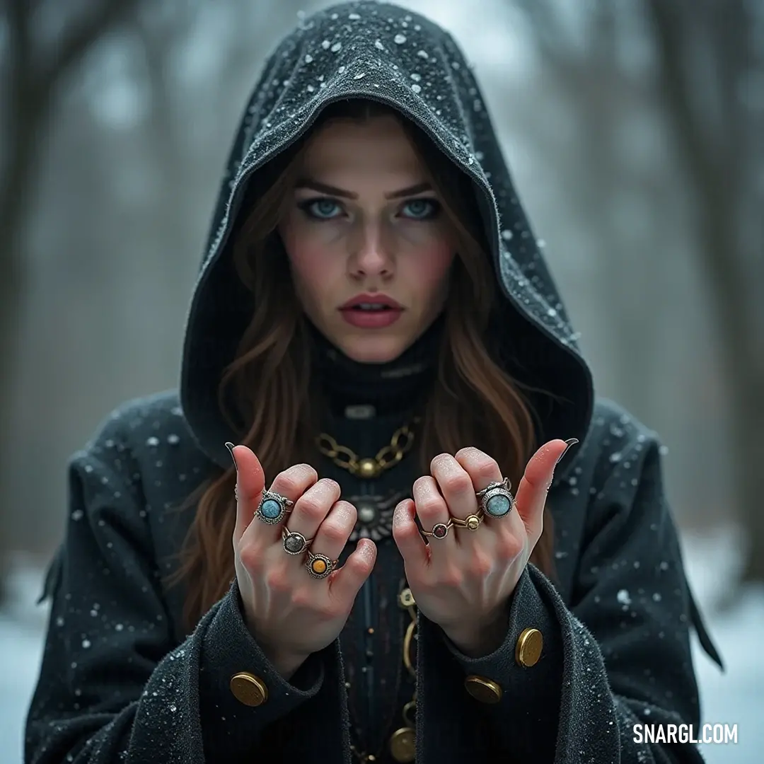 A celestial sorceress in a hooded jacket with her hands uplifted, emanating otherworldly energy through the glow of a magical ring. A mystical sorceress draped in a hooded jacket, her hands raised high, channeling celestial energy as a shimmering ring glows atop her finger.