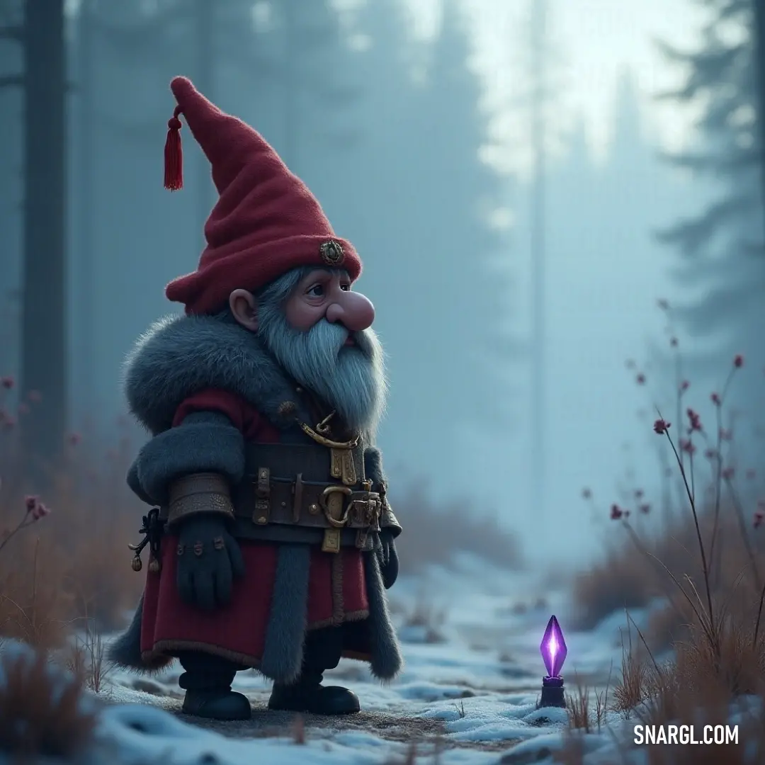 Sten in a snowy forest, illuminated by a mysterious purple light, radiating winter enchantment. Sten, adorned in a striking red coat and hat, stands amidst a wintry landscape, where the snow glistens and a soft purple light bathes the forest, creating a scene of ethereal beauty and winter magic.