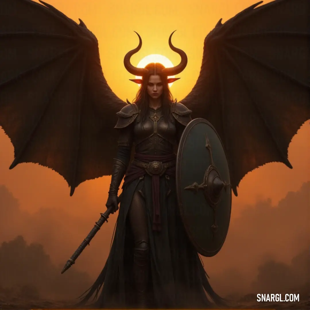 Sterope, with horns and armor, stands in a forest clearing, her sword and shield ready for battle, her stance confident and powerful. Sterope stands poised in a forest clearing, her figure regal and commanding. Horns curve from her head, while in her hands, she holds a shield and sword, prepared for whatever battle may arise in the ancient, enchanted woods around her.