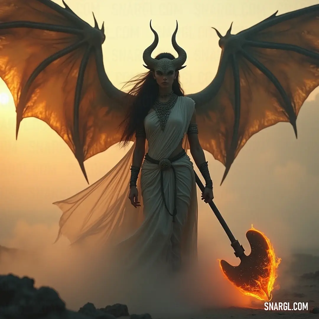 Stheno, a powerful figure with striking horns, commands a magical staff that emits flames, embodying strength and enchantment in a riveting fantasy landscape. Stheno captivates the audience with her horned head, wielding a staff conjuring mystical flames, merging the realms of fantasy and power, indicating a potent narrative waiting to unfold.