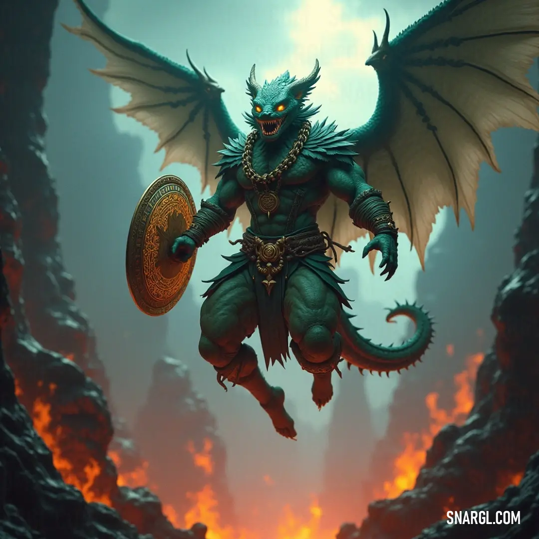 Stheno, clad in armor with a shield, stands tall on a fiery mountain slope, set against a dramatic sky. Stheno stands boldly on a fiery mountainside, shield and helmet gleaming under a sky filled with dramatic clouds. The intense heat of the flames contrasts with the cool, heroic figure at the forefront.