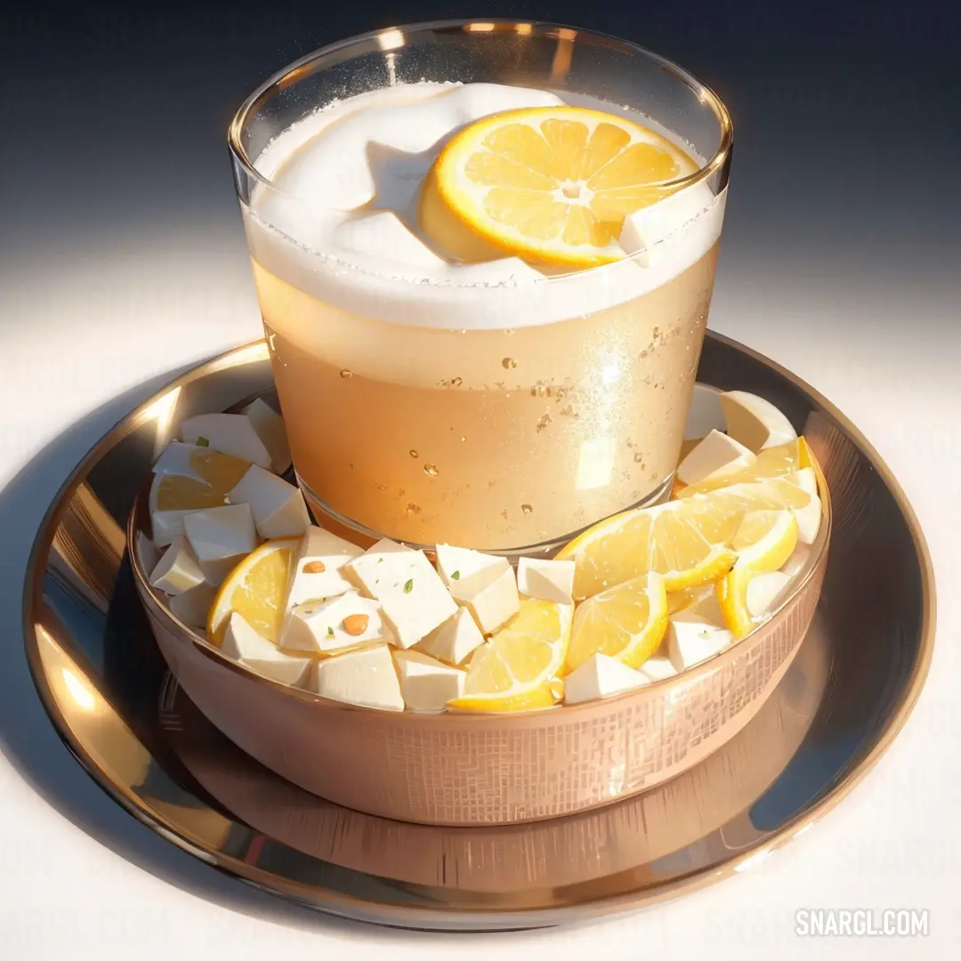 Drink with a lemon slice on top of it on a plate with a gold rim