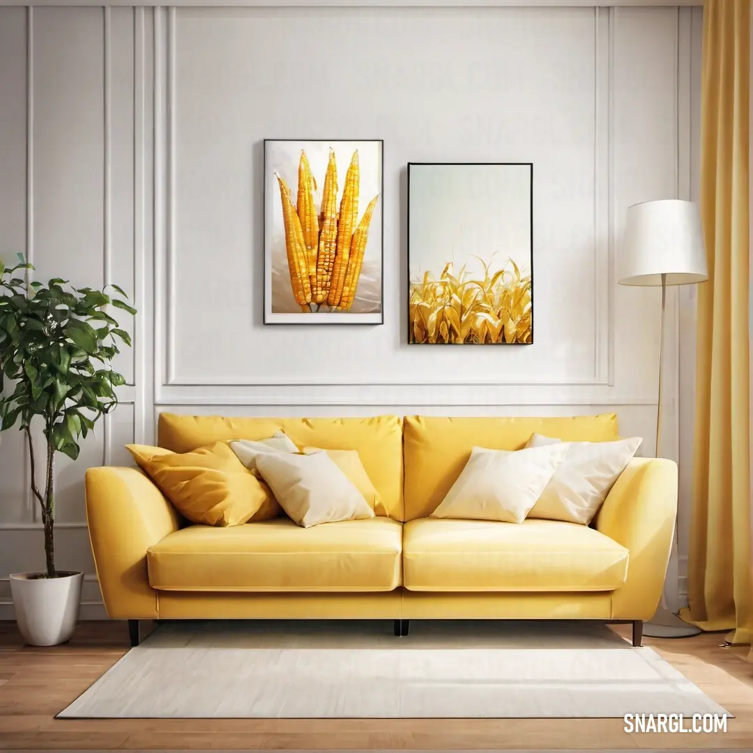 Stil de grain yellow color example: Living room with a yellow couch and a white rug on the floor and a painting on the wall