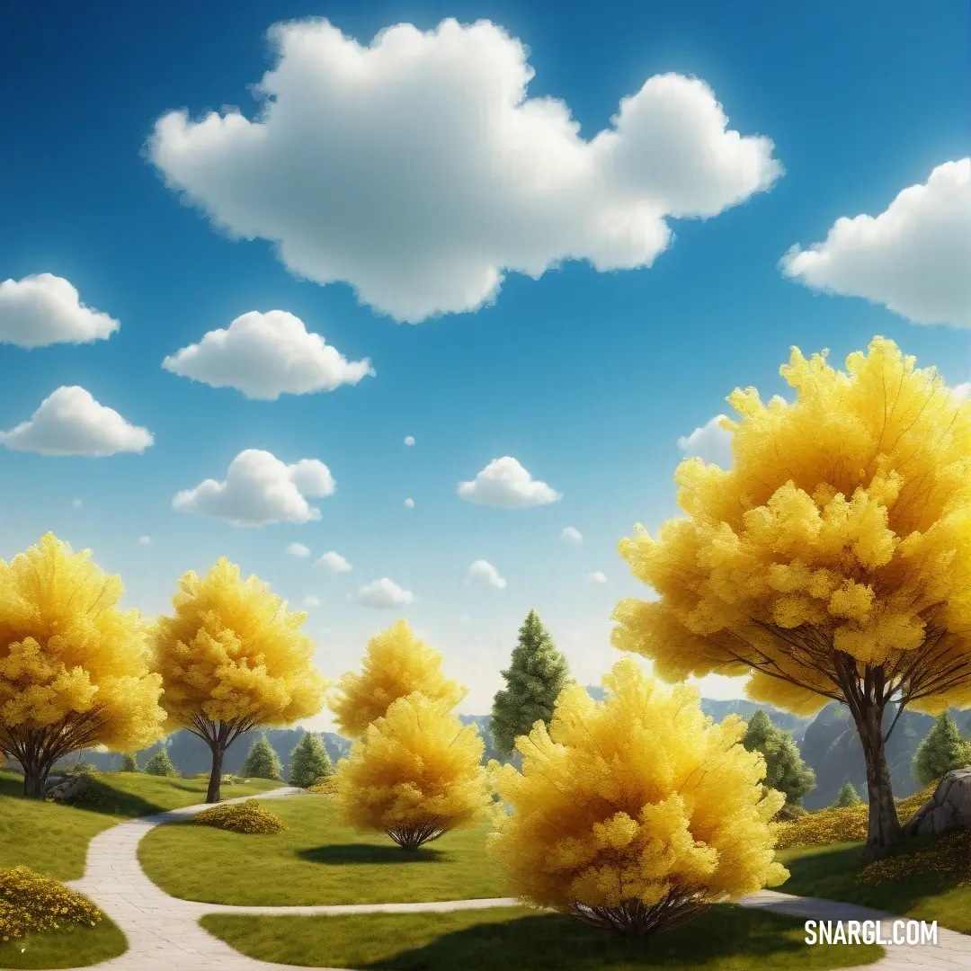 Painting of a road with trees and a sky background. Example of Stil de grain yellow color.